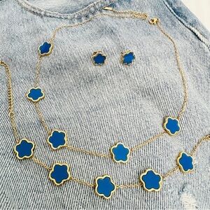 18K Gold Plated Blue clover necklace Set stainless steel womens jewelry